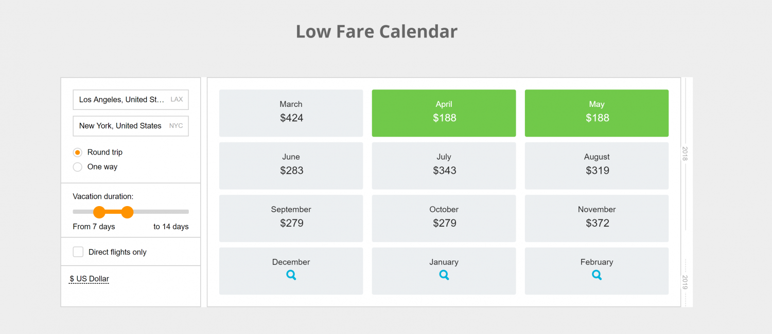 My Flight One Low Fare Calendar showing the cheapest fare by month